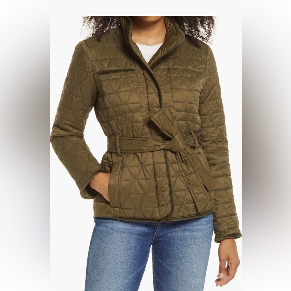 Halogen Jacket Olive Green Quilted Belted/Zipper Puffer